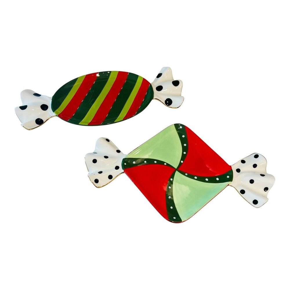 MacKenzie-Childs Christmas Candy Plates Set of 2 Red Green Ceramic Gold Trim